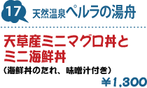 17.天然温泉 ペルラの湯舟 : 天草産ミニマグロ丼とミニ海鮮丼(海鮮丼のたれ、味噌汁付き) 1,300円