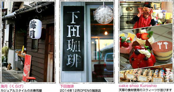 海月(くらげ):カジュアルスタイルのお寿司屋/下田珈琲:2014年12月OPENの珈琲店/cake shop Kuroshio:天草の食材使用のスウィーツが並びます